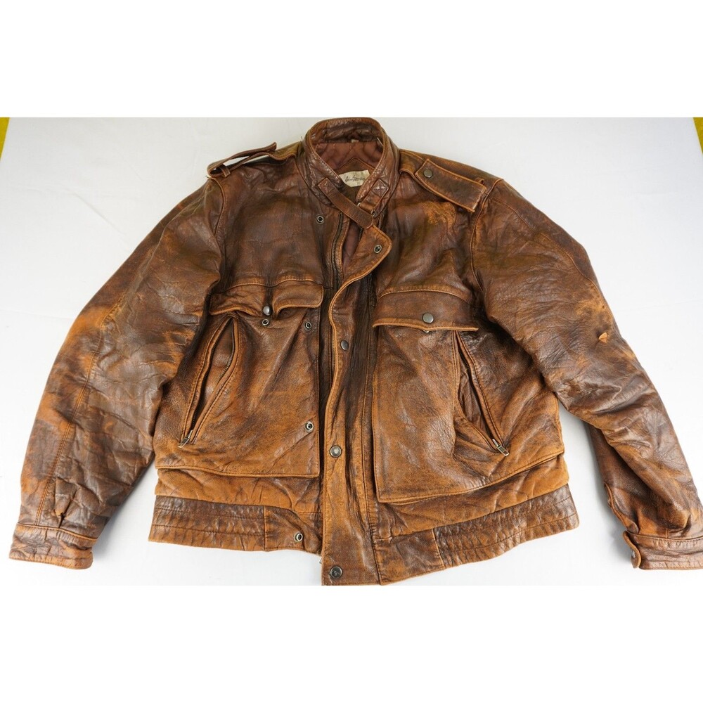 VTG Adam Spencer Leather Zip Bomber Jacket Distressed Quilted Lined Heavy 42R